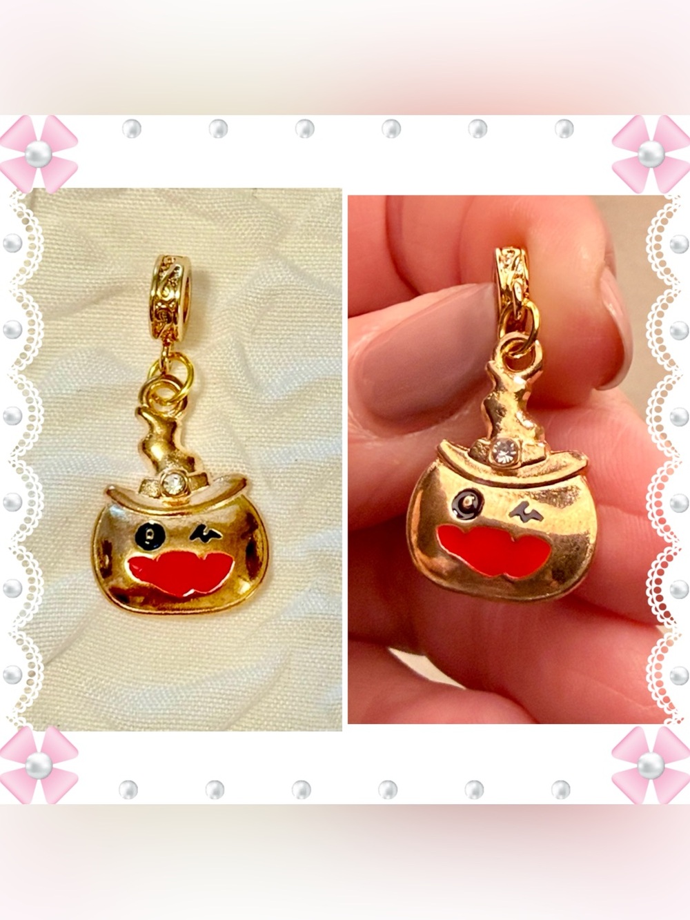 Charm / pendant - jackolantern pumpkin gold tone metal w/ rhinestone - New!
